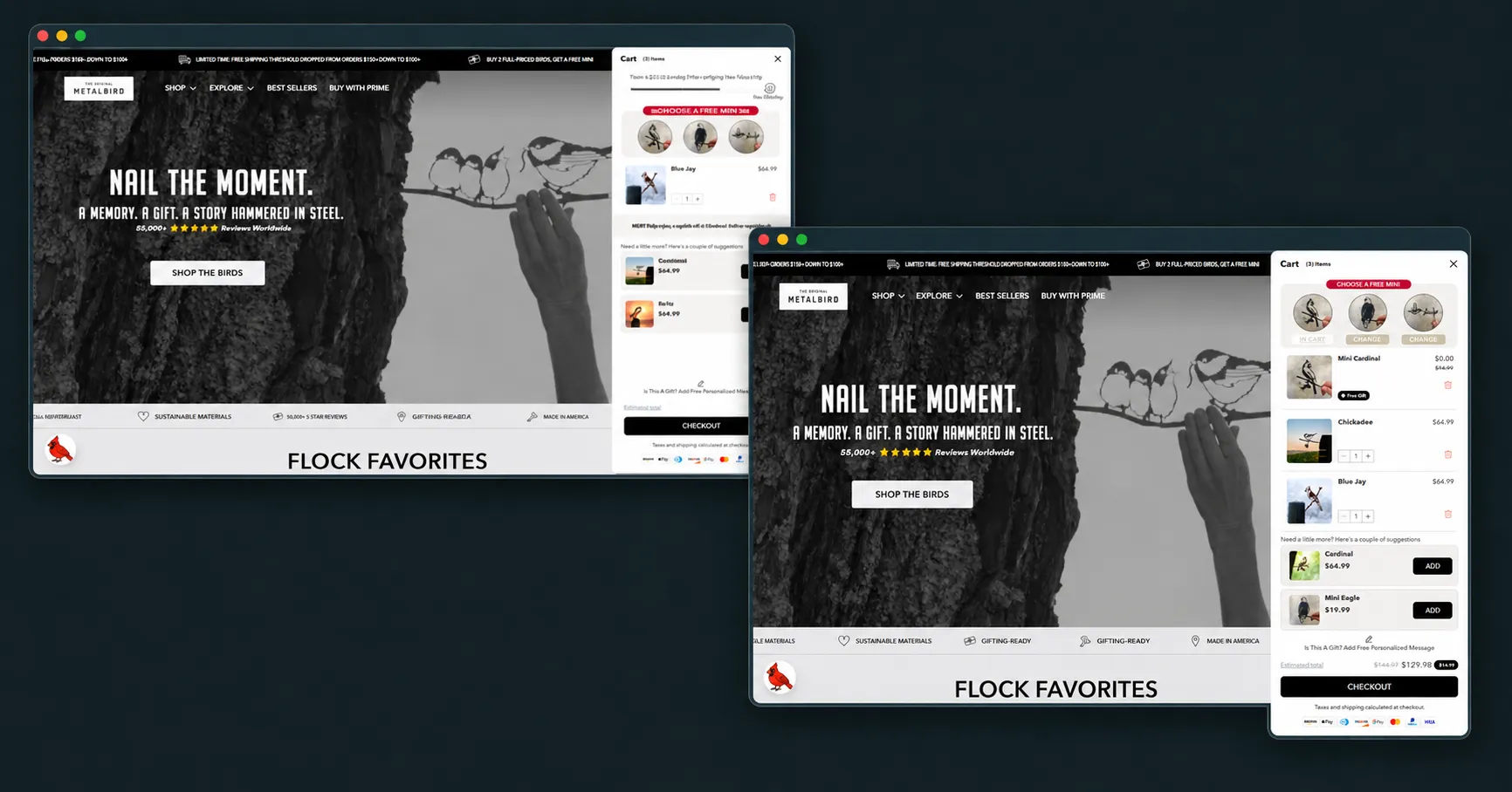 Metalbird storefront with the custom free-gift cart experience displayed in overlapping browser windows.