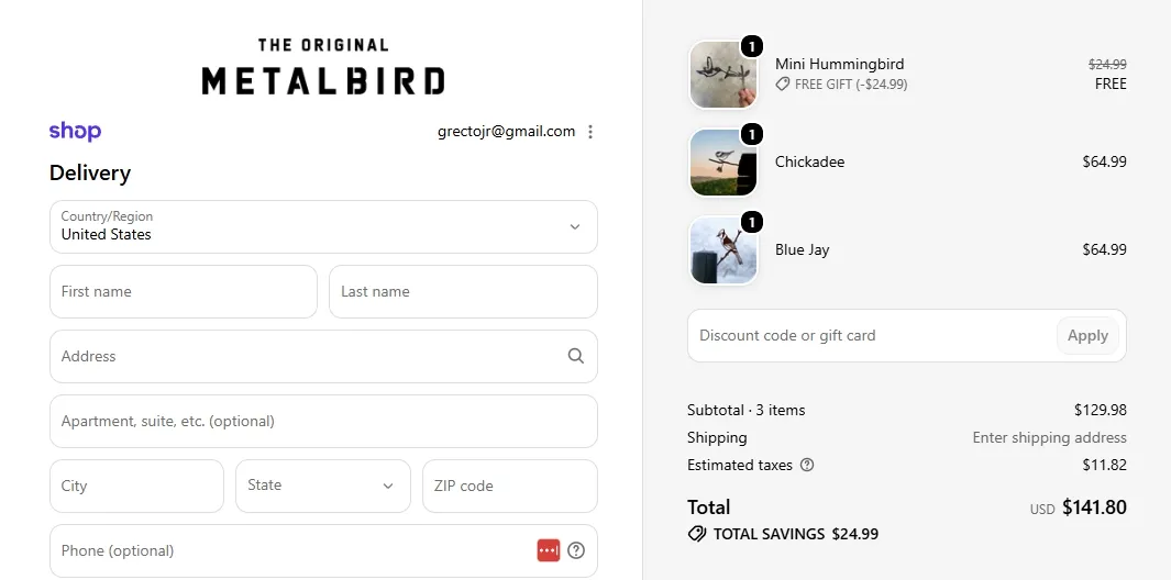 Metalbird Shopify checkout showing Mini Hummingbird as a free item alongside Chickadee and Blue Jay.