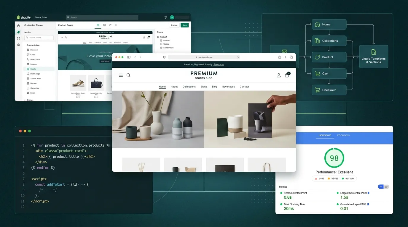 A clean browser window showcasing a sophisticated Shopify backend dashboard. The interface is high-contrast dark mode with neon green data visualizations and performance charts. Floating above the window are crystalline UI cards showing high lighthouse scores and clean liquid code snippets. The overall mood is hyper-professional, technical, and high-performance.